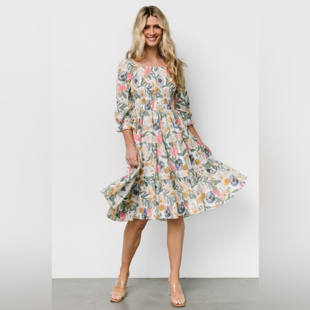 Baltic Born Marta Smocked Midi Dress Floral Puff Sleeve Layered Size XS